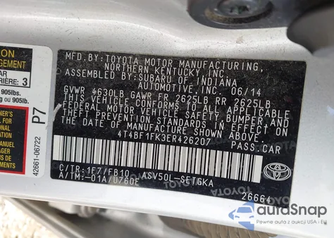 2014 Toyota Camry Xle из США, поврежденный, VIN 4T4BF1FK3ER426207